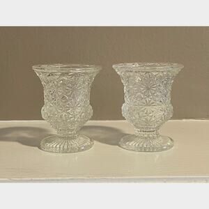 Vintage Etched Glass Pedestal Tapered Candle Holders, Set of 2